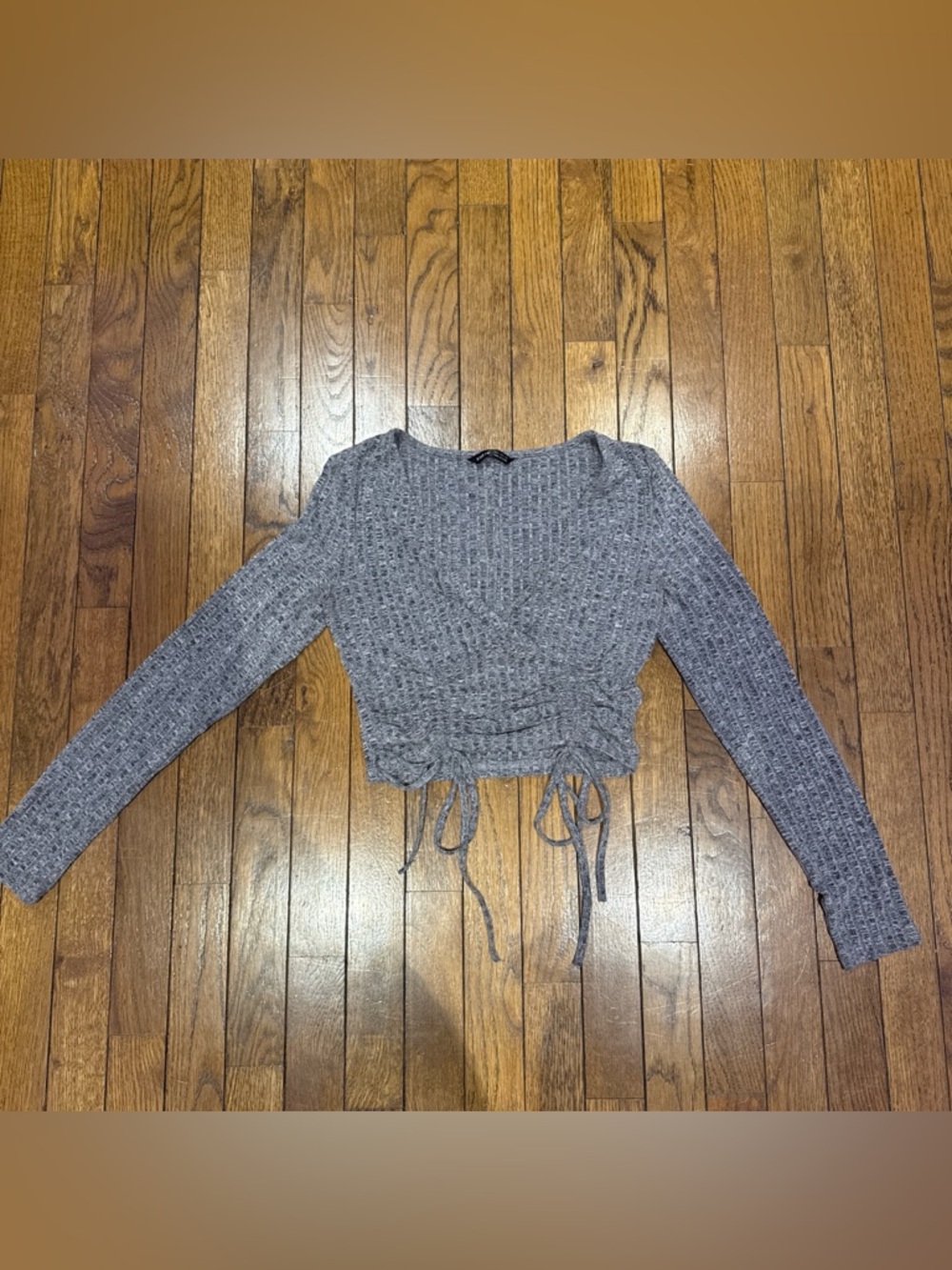 Ribbed Long Sleeve Cinch-Waist Crop Top - Gray